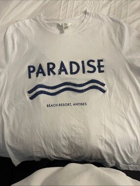 H&M White Tee with Navy "PARADISE" Glitter Graphic